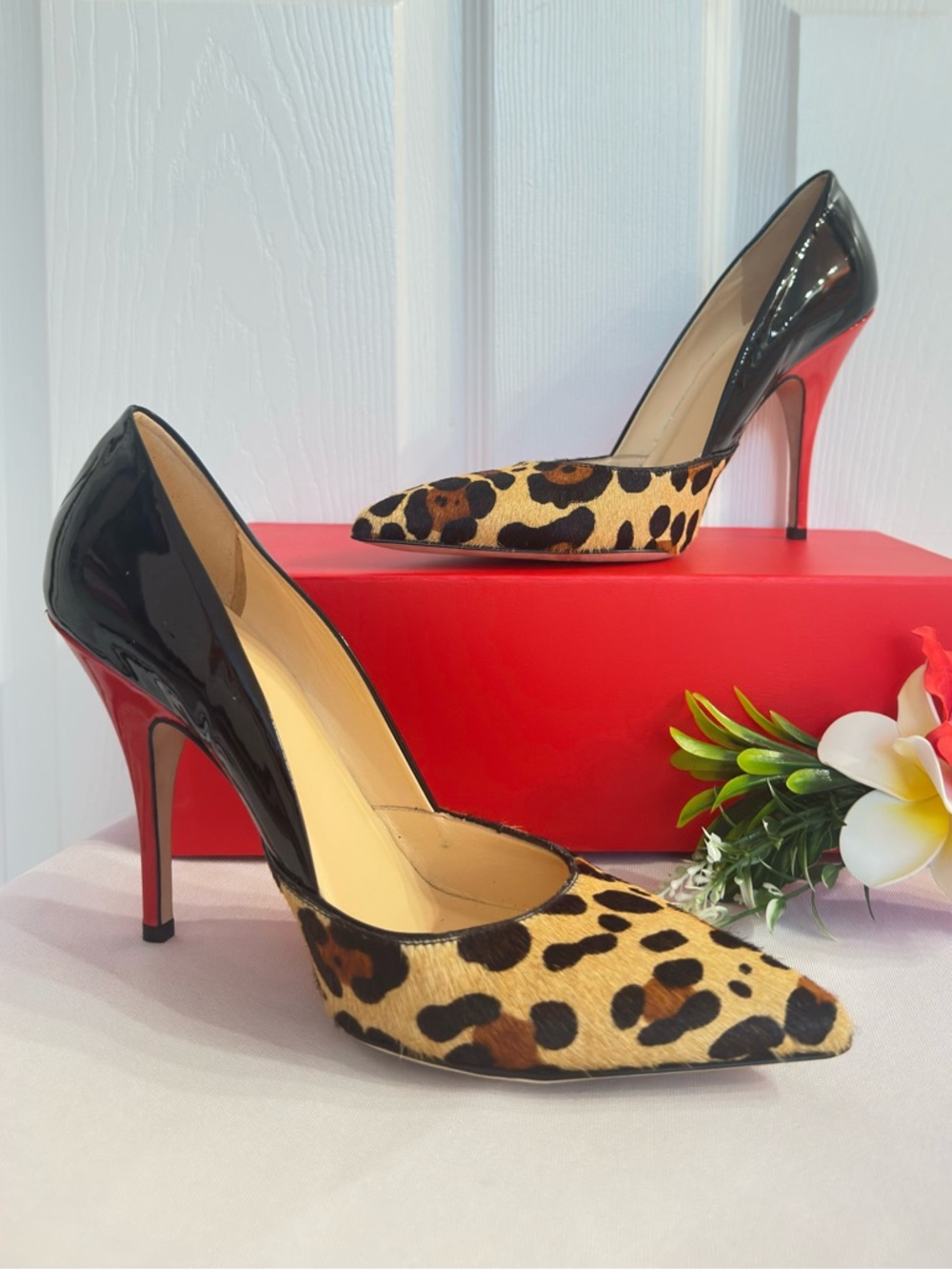 KATE SPADE ~ Leopard and Black Patent Stiletto Pumps with Striking Red Heel